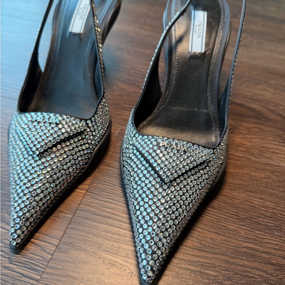 Prada Black Rhinestone Pointed Slingback Pumps - Picture 2 of 6